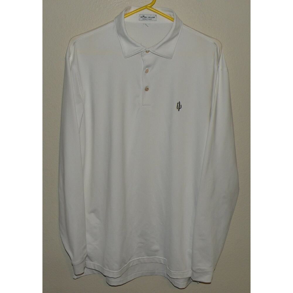 Peter Millar Summer Comfort Men’s Medium LS Polo Shirt White Cactus Logo Stretch